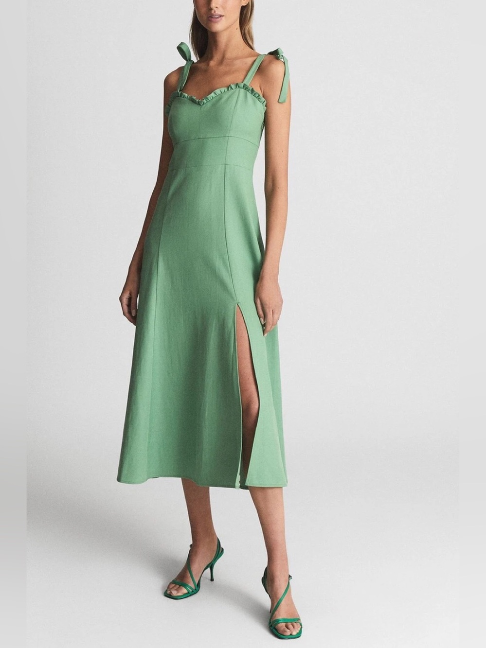 Reiss Yanna Shoulder Strappy Linen Blend Midi Dress in Soft Sage Green Size 6